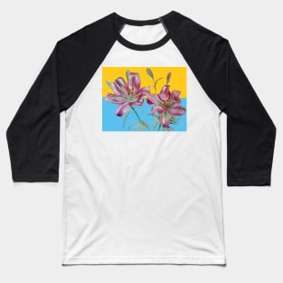 Pink Lily Watercolor Floral Painting on Yellow and Blue Baseball T-Shirt